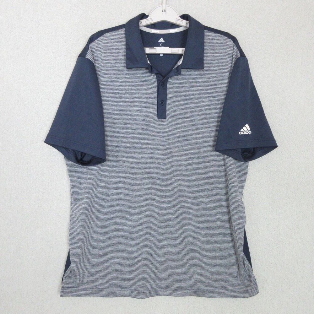 Adidas Polo Shirt Mens XL Golf Short Sleeve Striped Navy Gray Performance Tech